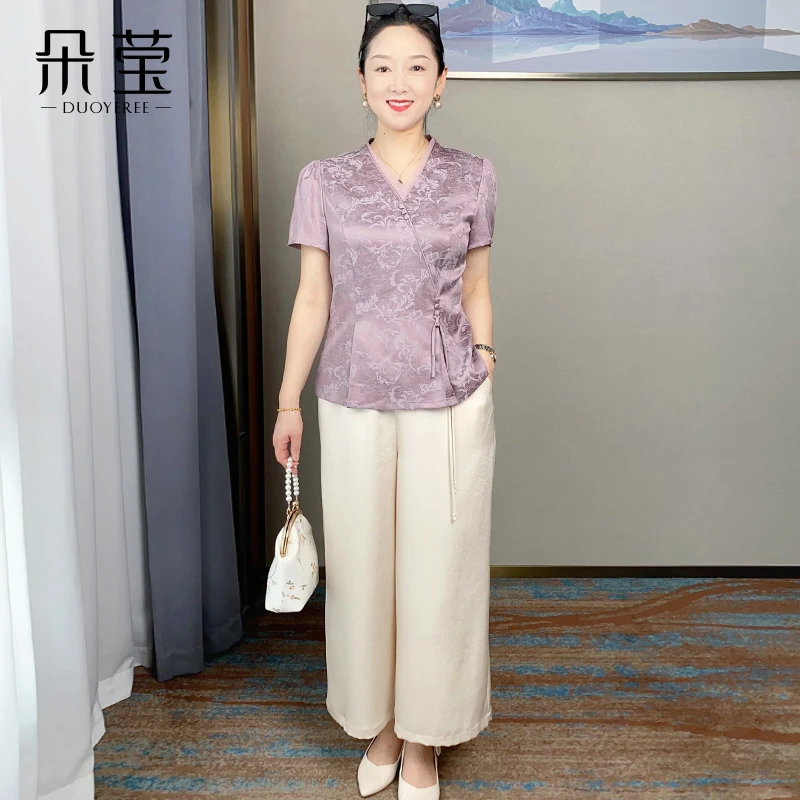 SL时尚妈妈夏装小衫套装中年女洋气T恤中老年上衣两件套XL85010