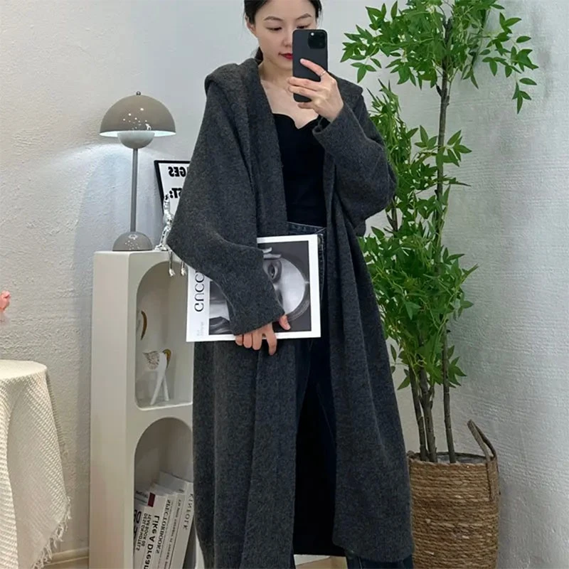 2024新款秋冬长款连帽毛衣开衫宽松针织外套慵懒风气质韩版针织衫