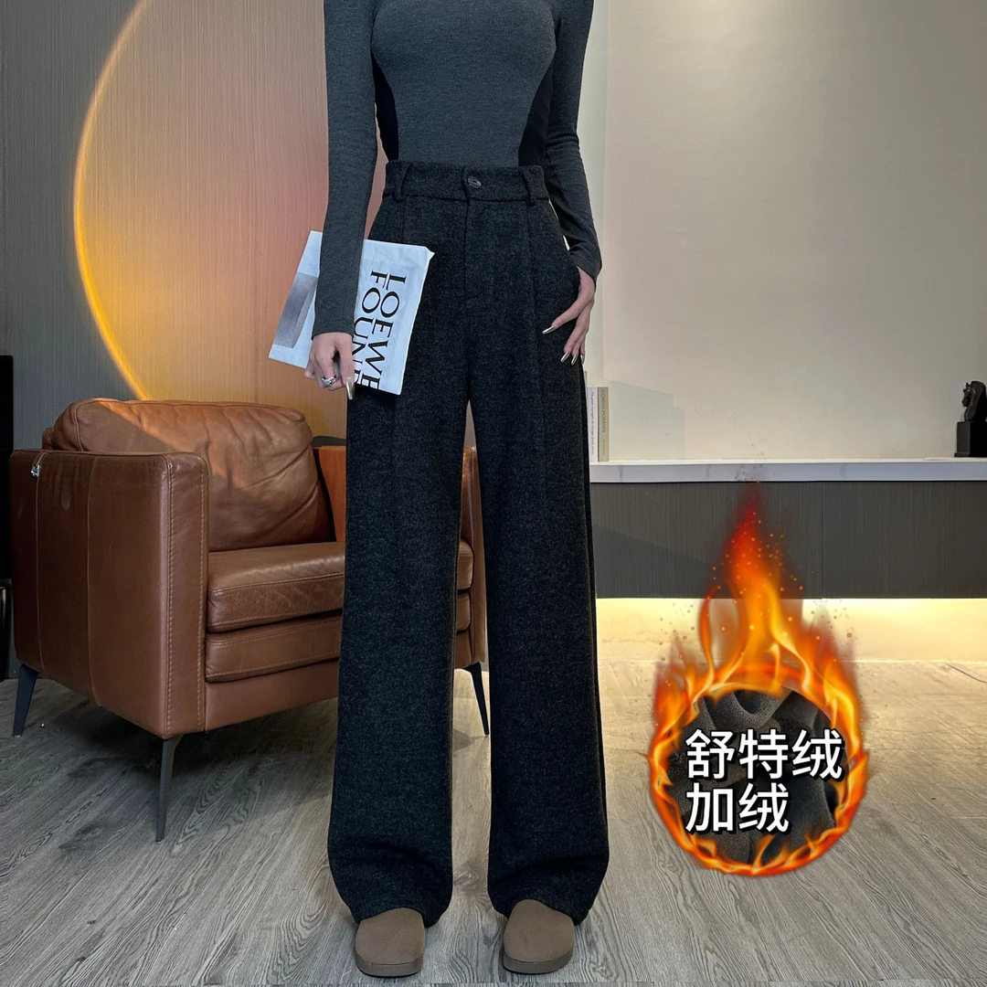 娜比小新加绒加厚捏褶窄版直筒裤女秋冬高腰垂感休闲宽松拖地裤