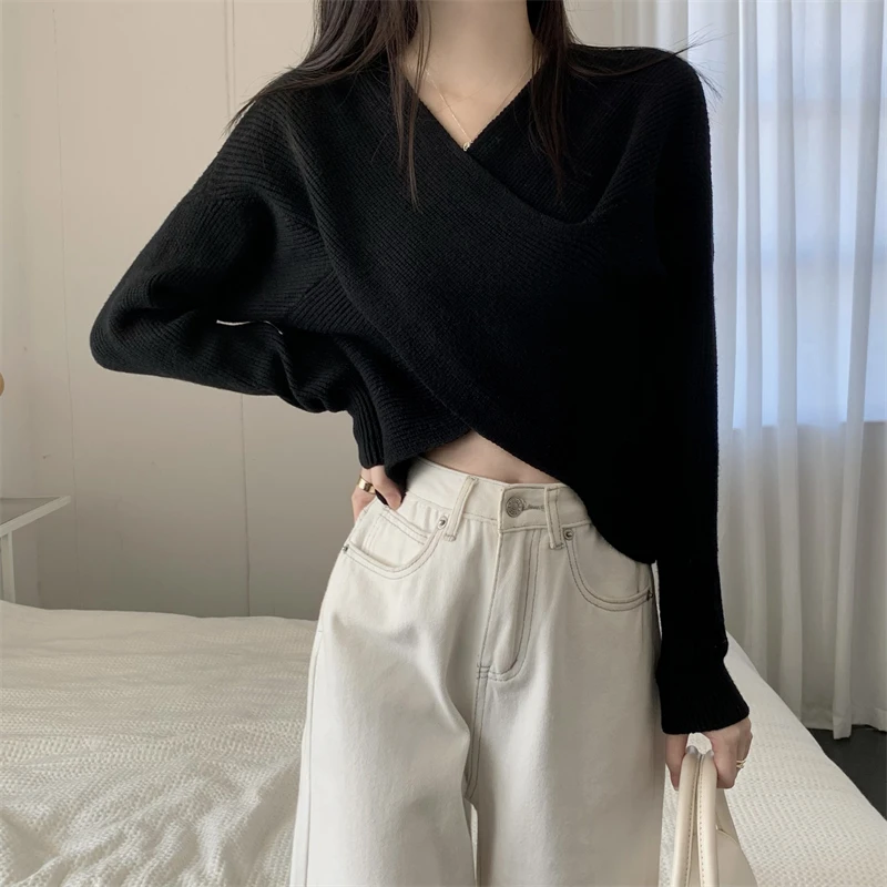 【小个子】毛衣针织衫春秋新款韩版V领设计感交叉显瘦长袖女套头