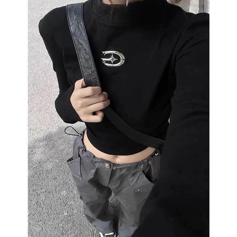 CST美式修身长袖t恤女春秋季新款黑色正肩短款甜辣妹打底衫上衣