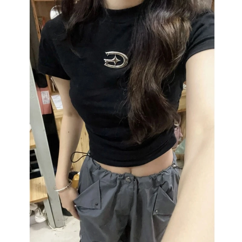 CST黑色立体印花正肩短袖t恤女夏季褶皱设计感小众修身辣妹短上衣