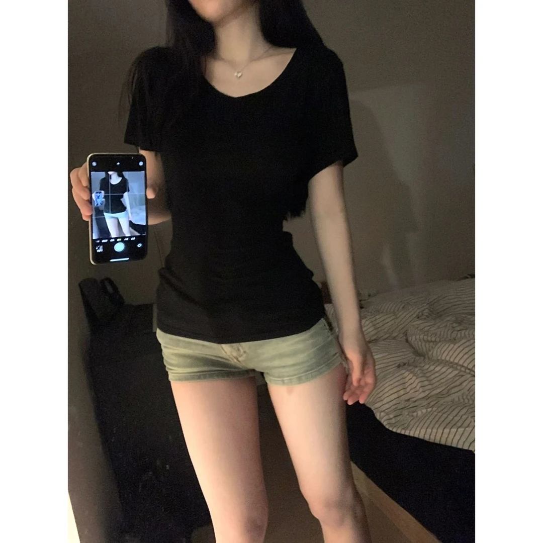 【运补6米】黑色V领正肩短袖t恤女夏季新款纯欲辣妹风修身显瘦上衣