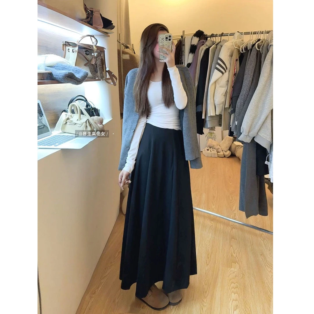 BZGXN松紧伞裙加长版半身裙女175高个子秋冬高腰毛呢A字裙子