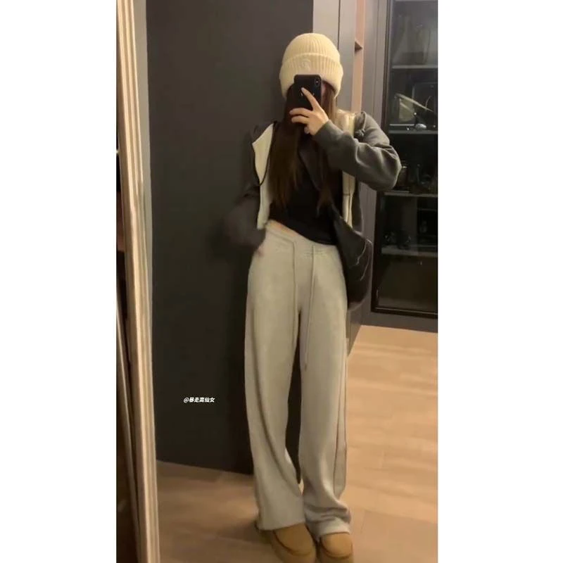 高个子加长版慵懒神加绒保暖阔腿拖地卫裤子女175秋冬