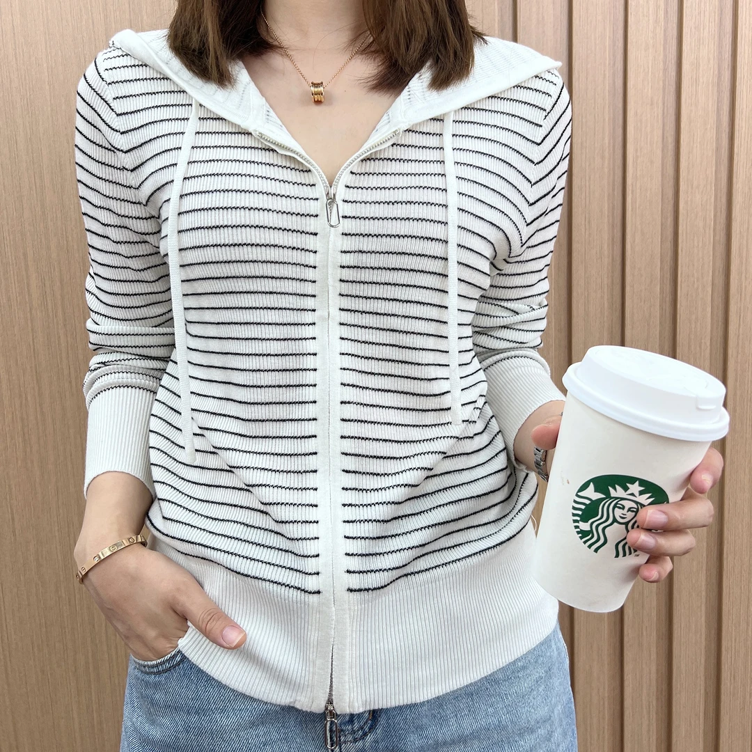 条纹连帽针织开衫女撞色设计宽松显瘦薄款休闲毛衣外套长袖时尚