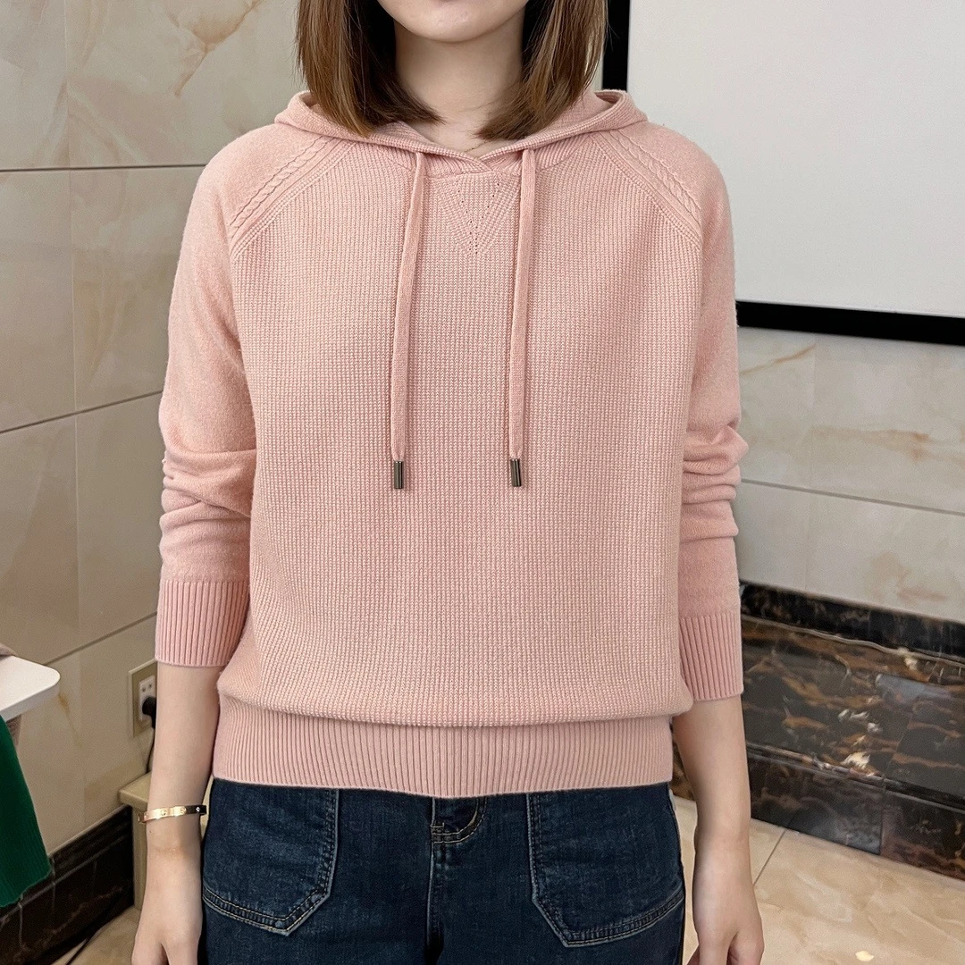 女士秋冬宽松休闲连帽针织羊毛衫套头上衣多色可选