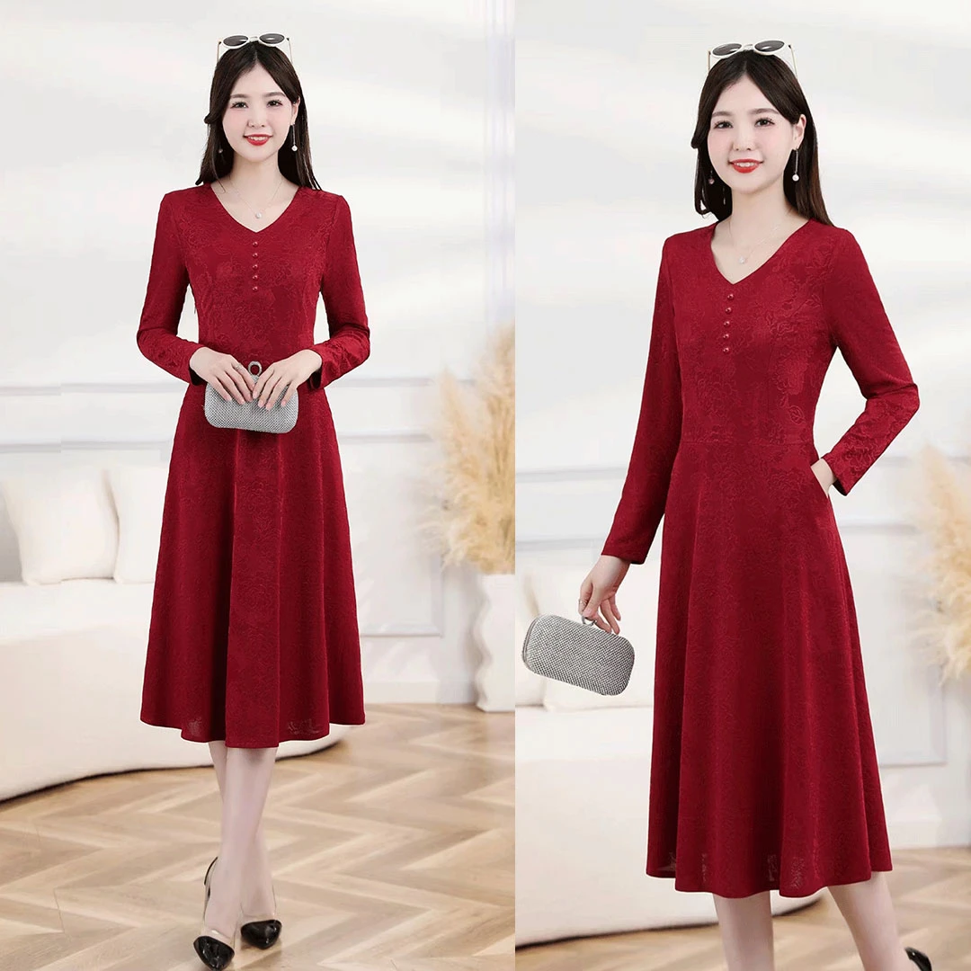 春秋新款2024南韩软纱提花刺绣纯色连衣裙修身气质中长款妈妈装