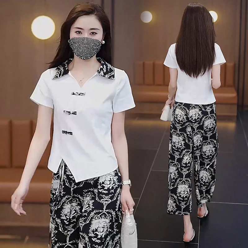 时尚休闲套装女2024夏季新款洋气减龄印花高腰显瘦阔腿裤两件套