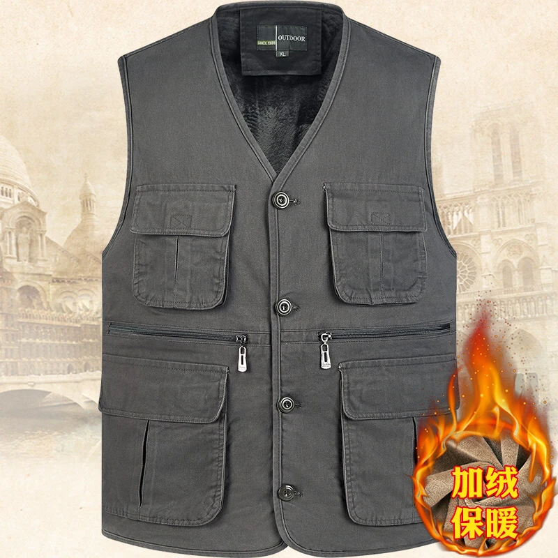 秋冬加绒保暖马甲中老年纯棉多口袋男士背心纽扣款坎肩加肥加大款