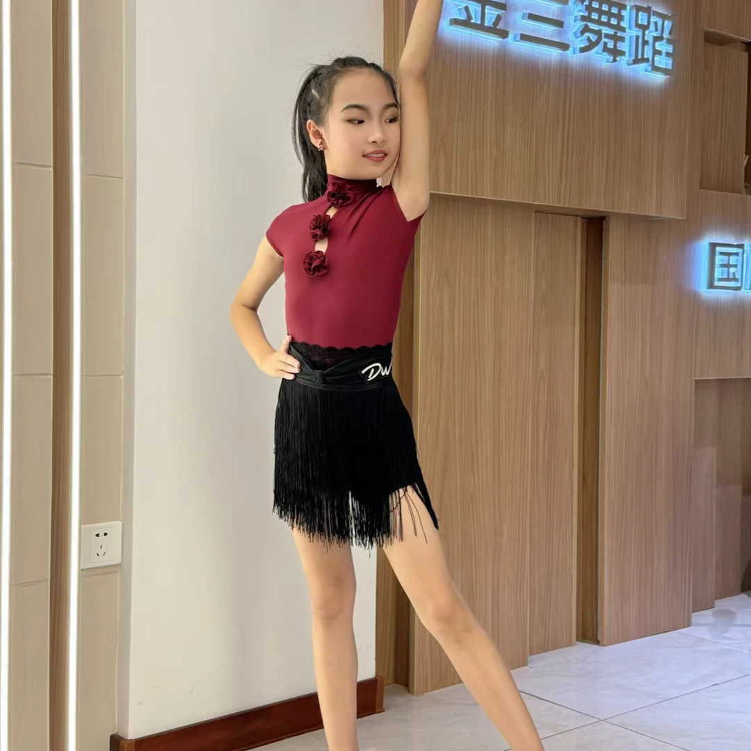 舞翼舞服新款拉丁舞裙女儿童流苏蕾丝包肩黑色