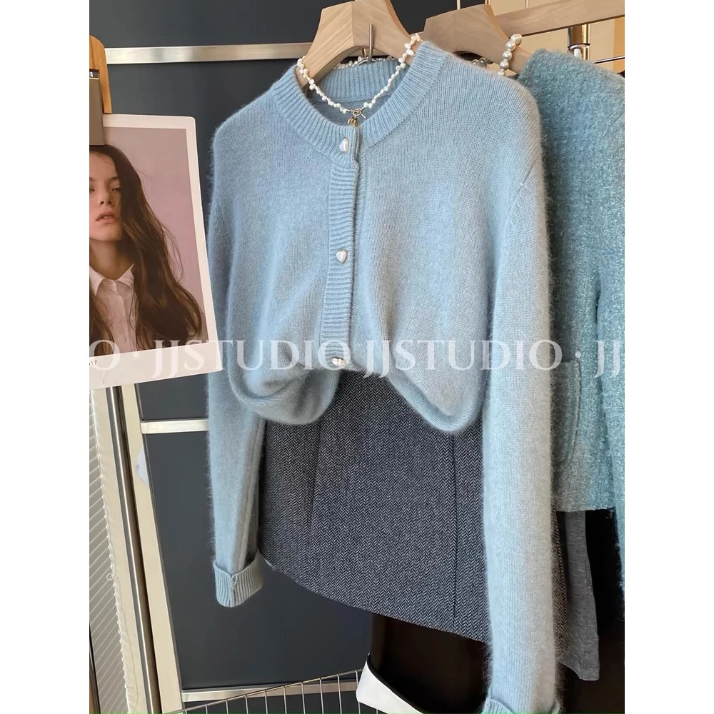 /月光蓝爱心扣开衫/气质圆领宽松爱心扣子针织开衫毛衣女CM13