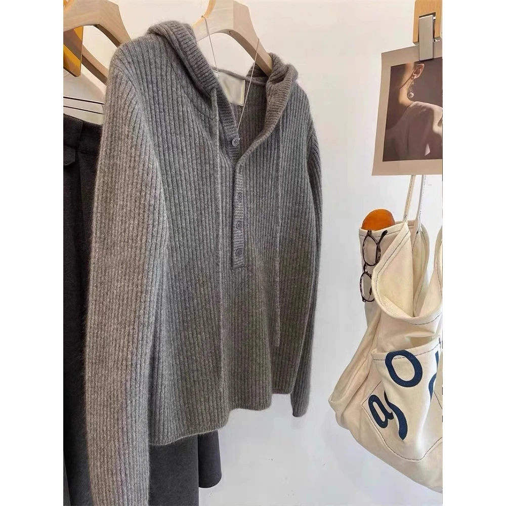 /灰色连帽/半开纽扣套头连帽毛衣女针织衫帽衫Z1073