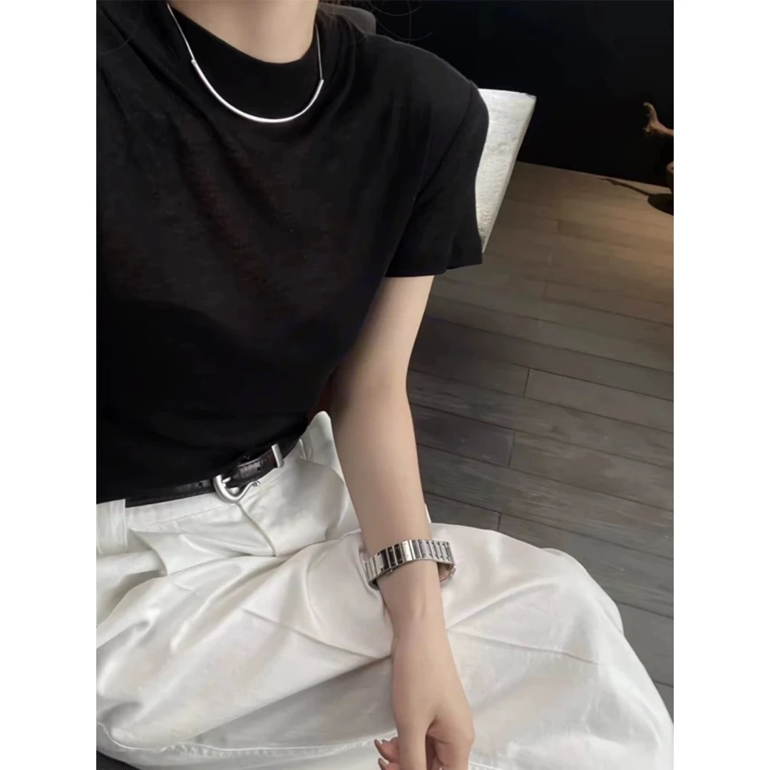 /小黑T/黑色面膜短袖T恤女夏季新款简约纯色体恤显瘦圆领上衣D37