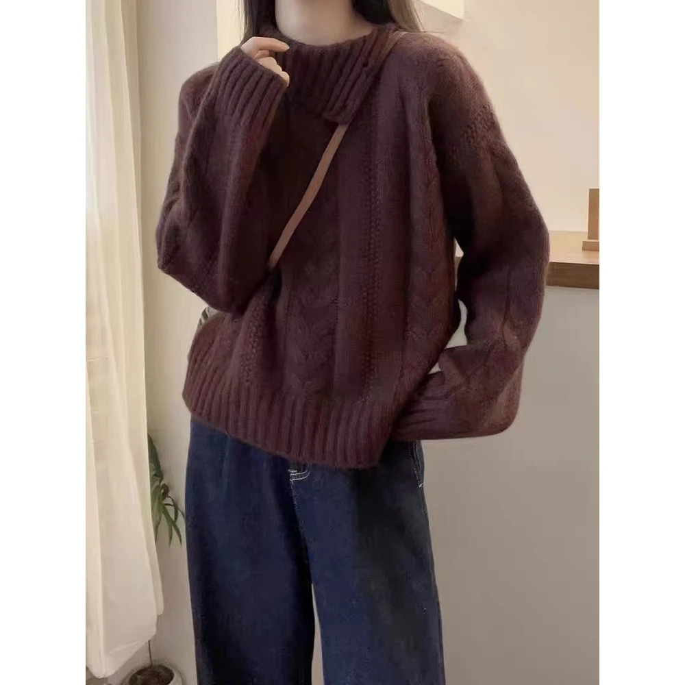 /绞花翻领/绞花翻领针织衫慵懒风宽松显瘦毛衣女92961