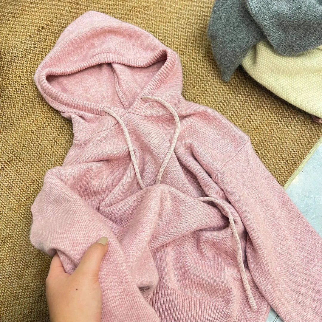 /暖粉帽衫/软糯内搭连帽慵懒风宽松针织帽衫93658