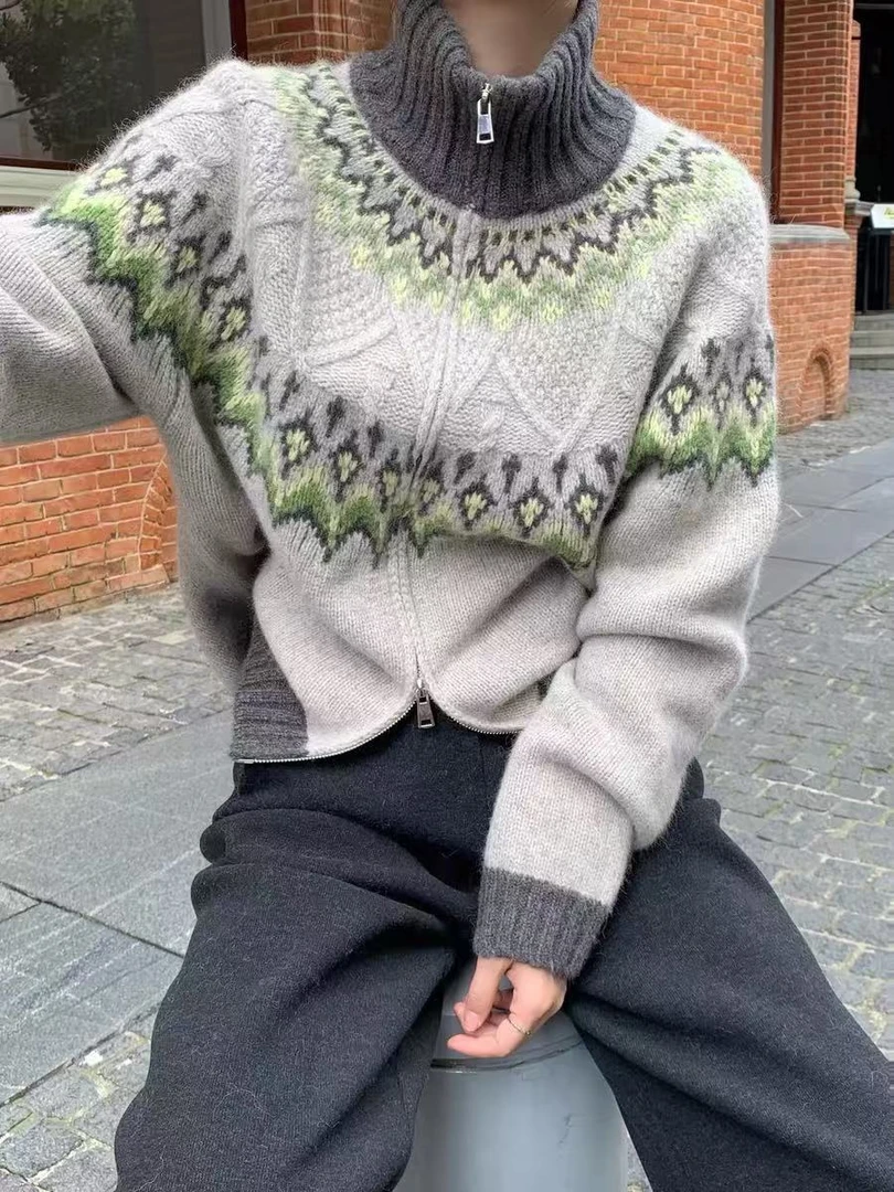 /费尔岛拉链厚外套/冬季新款高品质复古提花拉链针织开衫93752