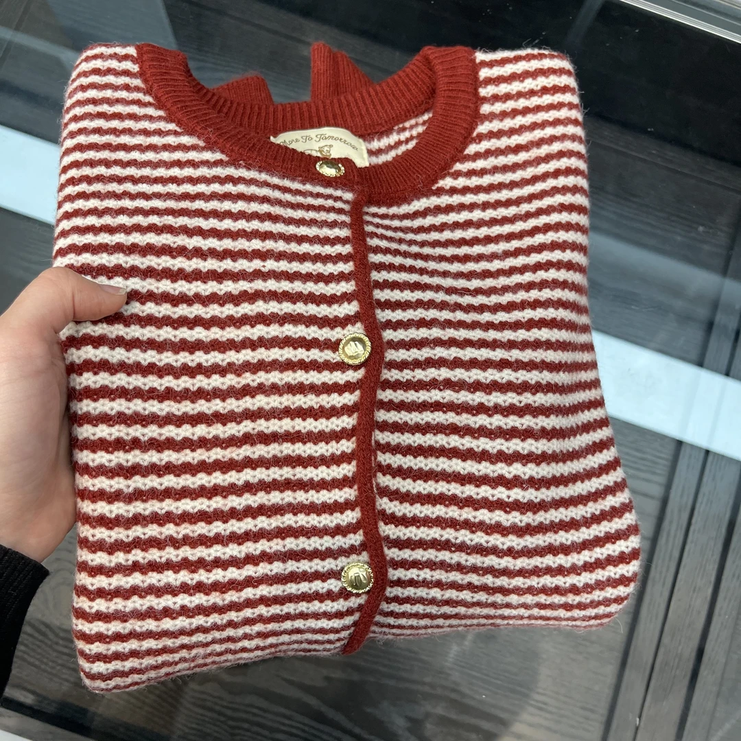 /优乐美-红/东大门小香风针织开衫外套女圆领条纹气质毛衣M