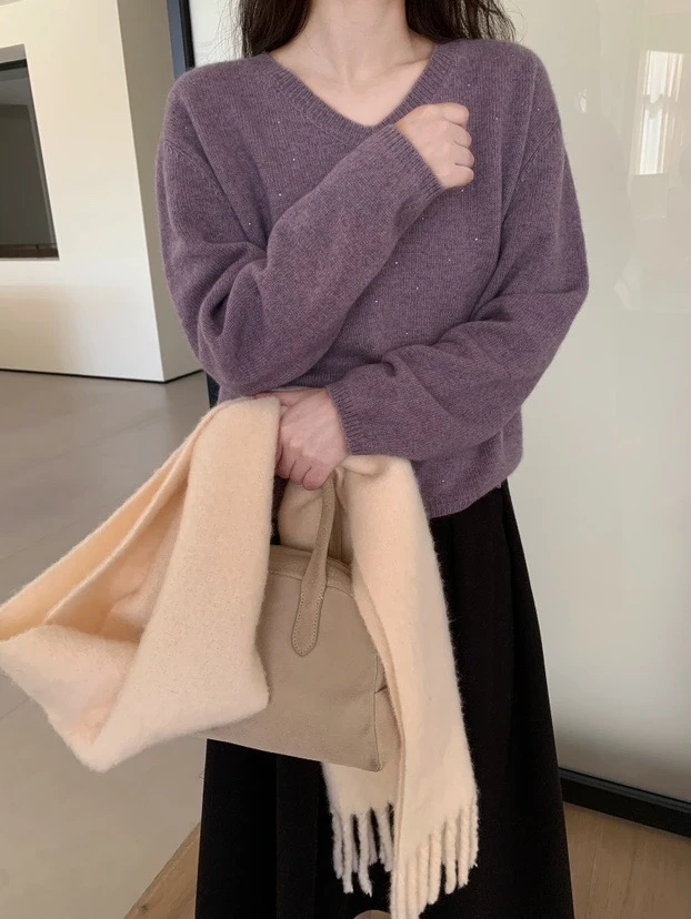 /星空雾花紫/V领宽松外穿温柔慵懒风上衣女93380