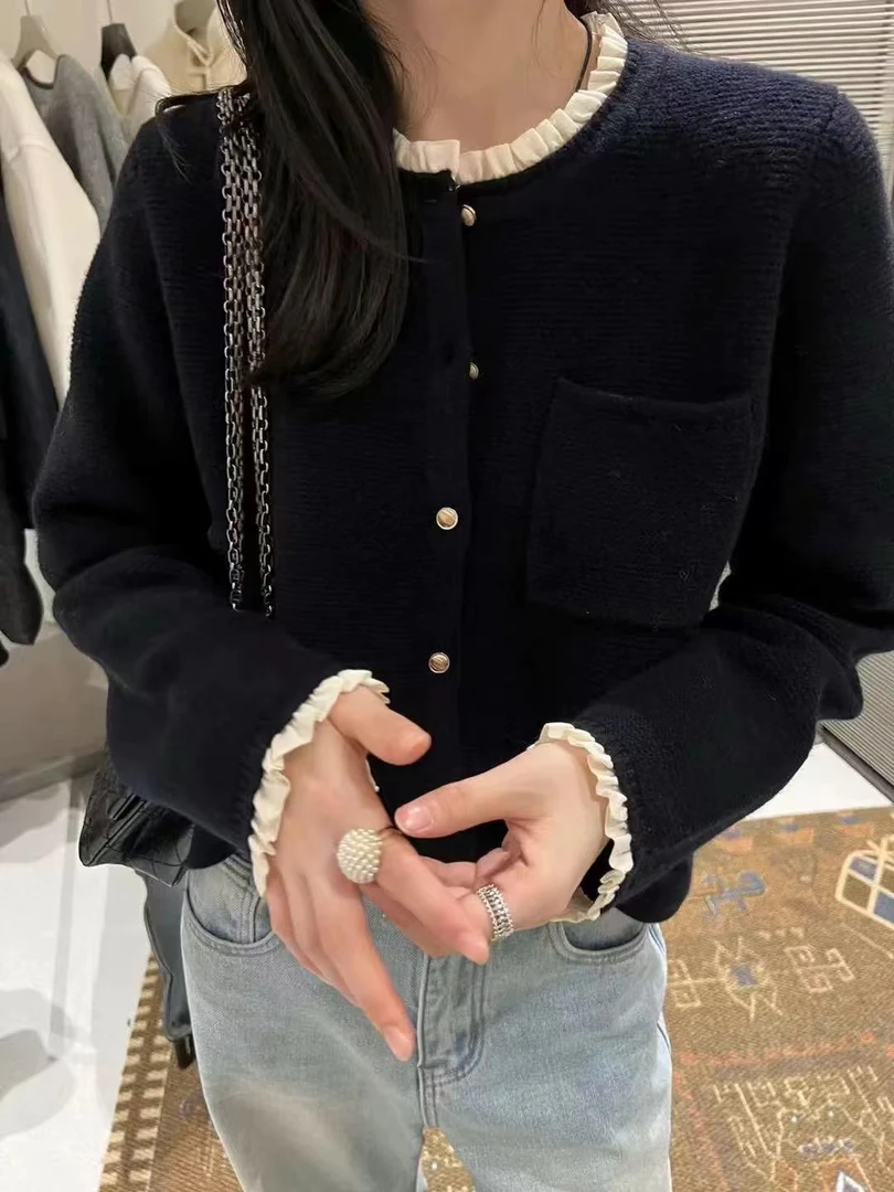 /绸缎花边小香开衫/百褶花边领爱心扣小香风高级感毛衣外套93657