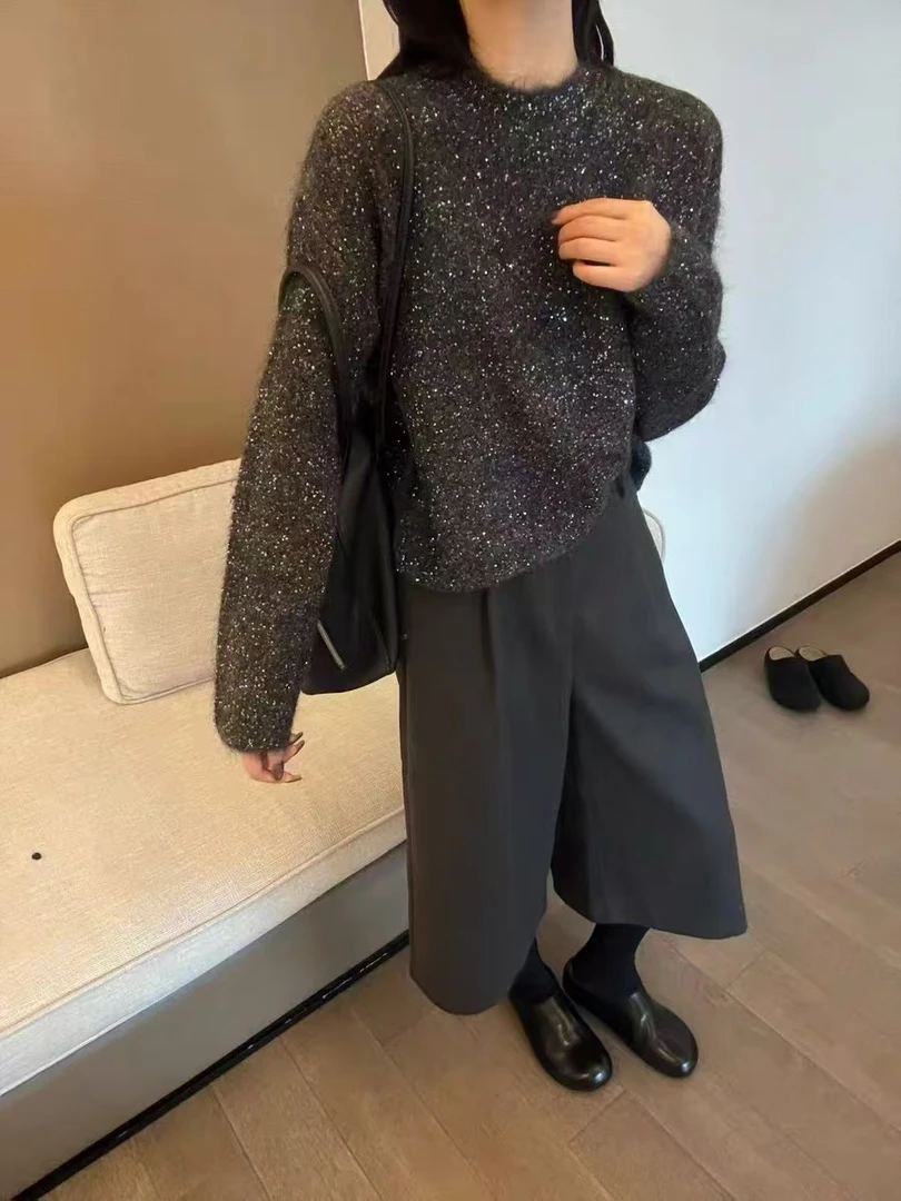 /亮闪闪套头/亮片闪银圆领小衫重工亮丝宽松闪闪针织上衣女CM95
