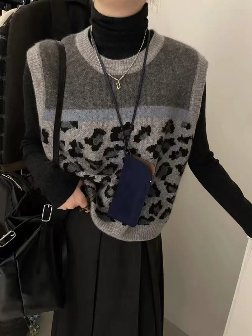 /豹纹马甲/复古豹纹设计感无袖毛衣马甲叠穿撞色背心CM87