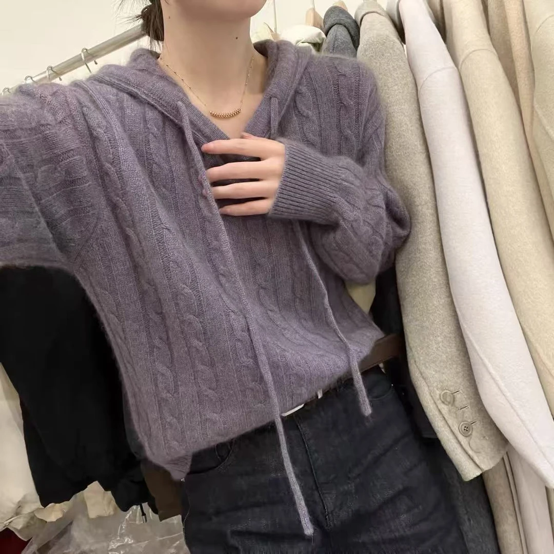 /紫檀帽衫/新款百搭减龄连帽宽松麻花针织衫衣长56 胸围58 93755