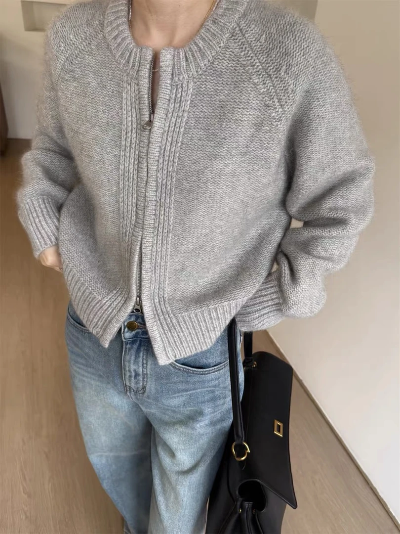 /珍珠灰/加厚双头拉链宽松软糯欧货针织开衫外套CM57