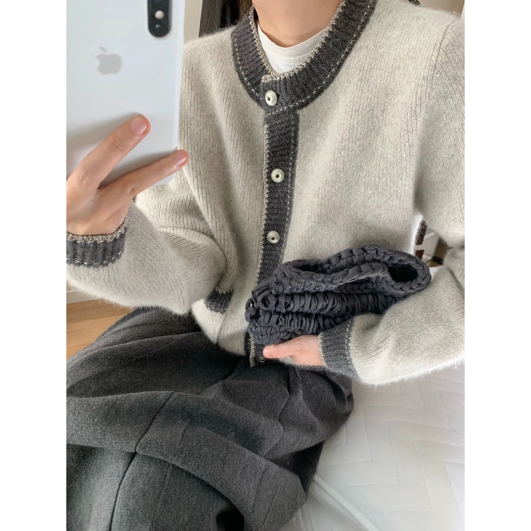 /玉扣撞色开衫/灰色毛衣外套女宽松春季百搭复古针织上衣93002