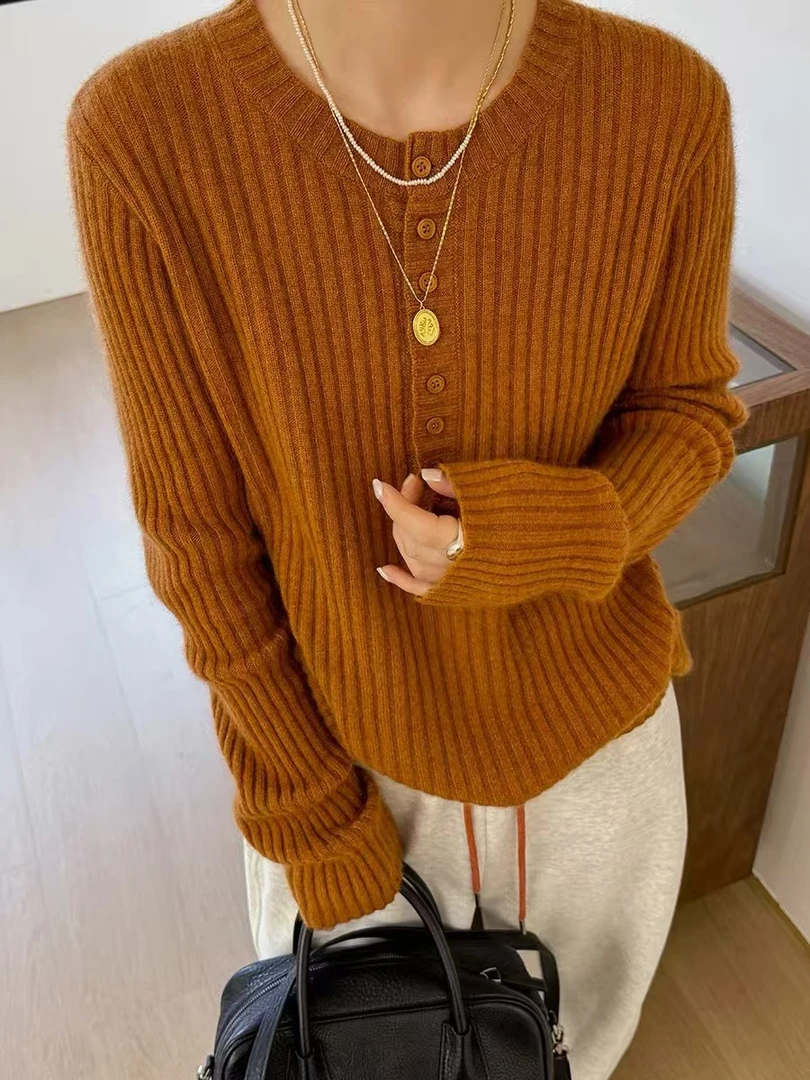 /抽条八粒扣/复古坑条半开扣圆领长袖针织打底衫毛衣CM96