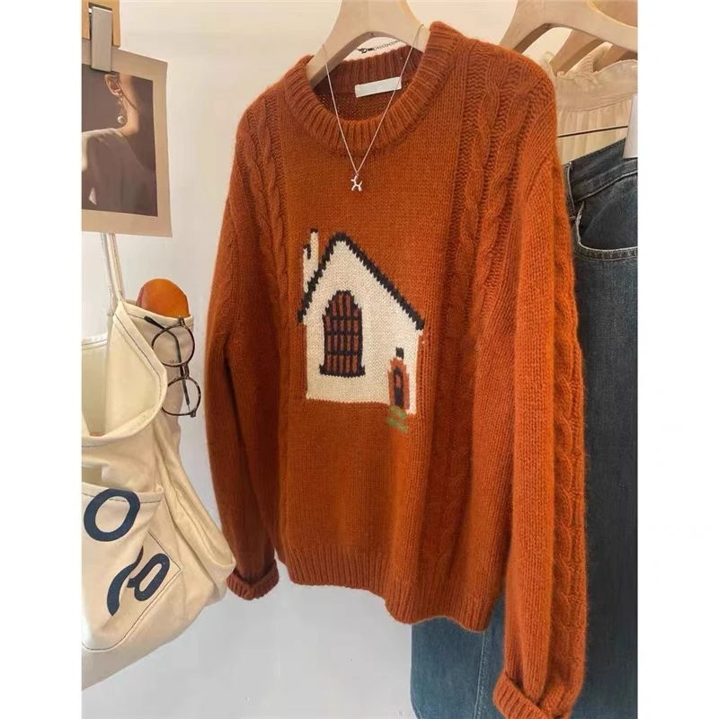 /小房子橘色/欧洲站秋冬新款欧货小房子图案麻花针织毛衣女92828