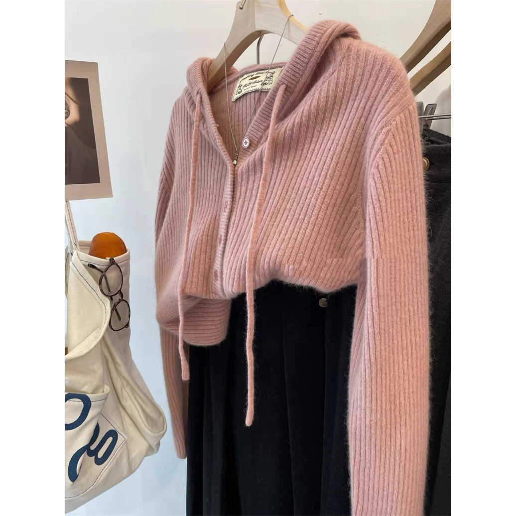 /粉色连帽/半开纽扣套头连帽毛衣女针织衫帽衫Z1073