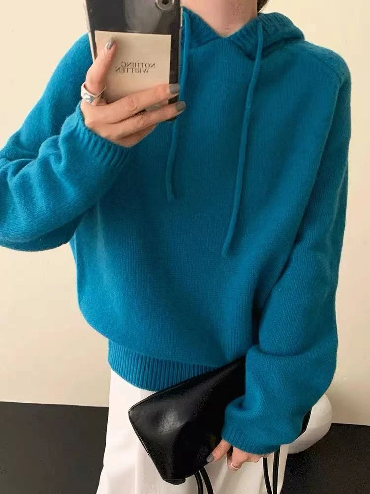 /小蓝帽/纯色连帽针织毛衣女秋冬宽松上衣93727