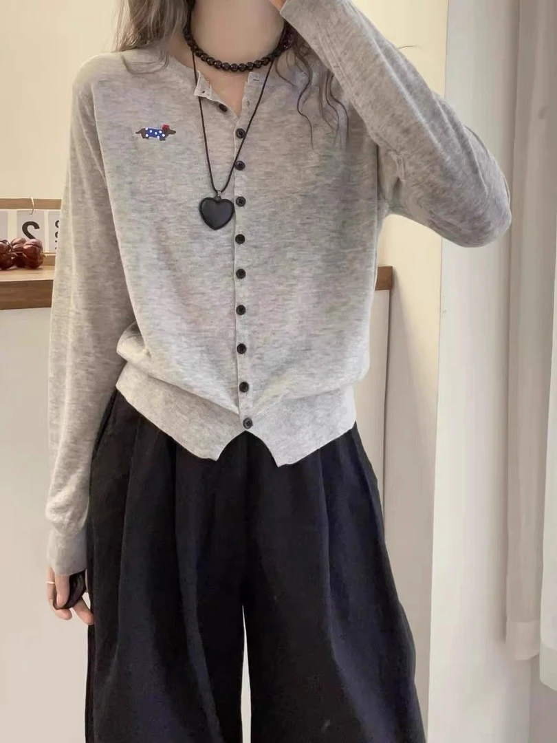 /腊肠狗开衫/小狗刺绣长袖针织开衫女欧货简约打底上衣93516