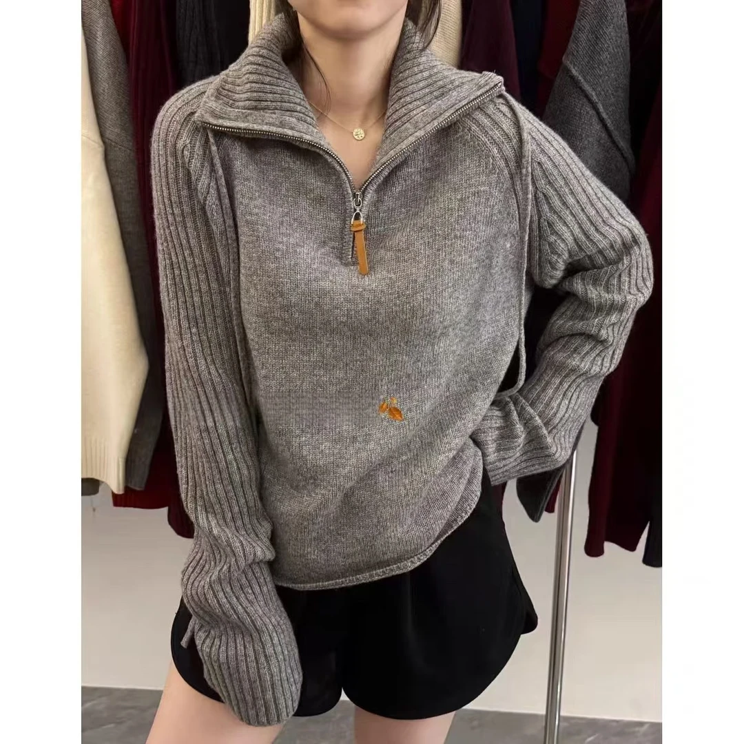 /立领半拉链/纯色翻领半拉链宽松慵懒风针织套头毛衣女19067