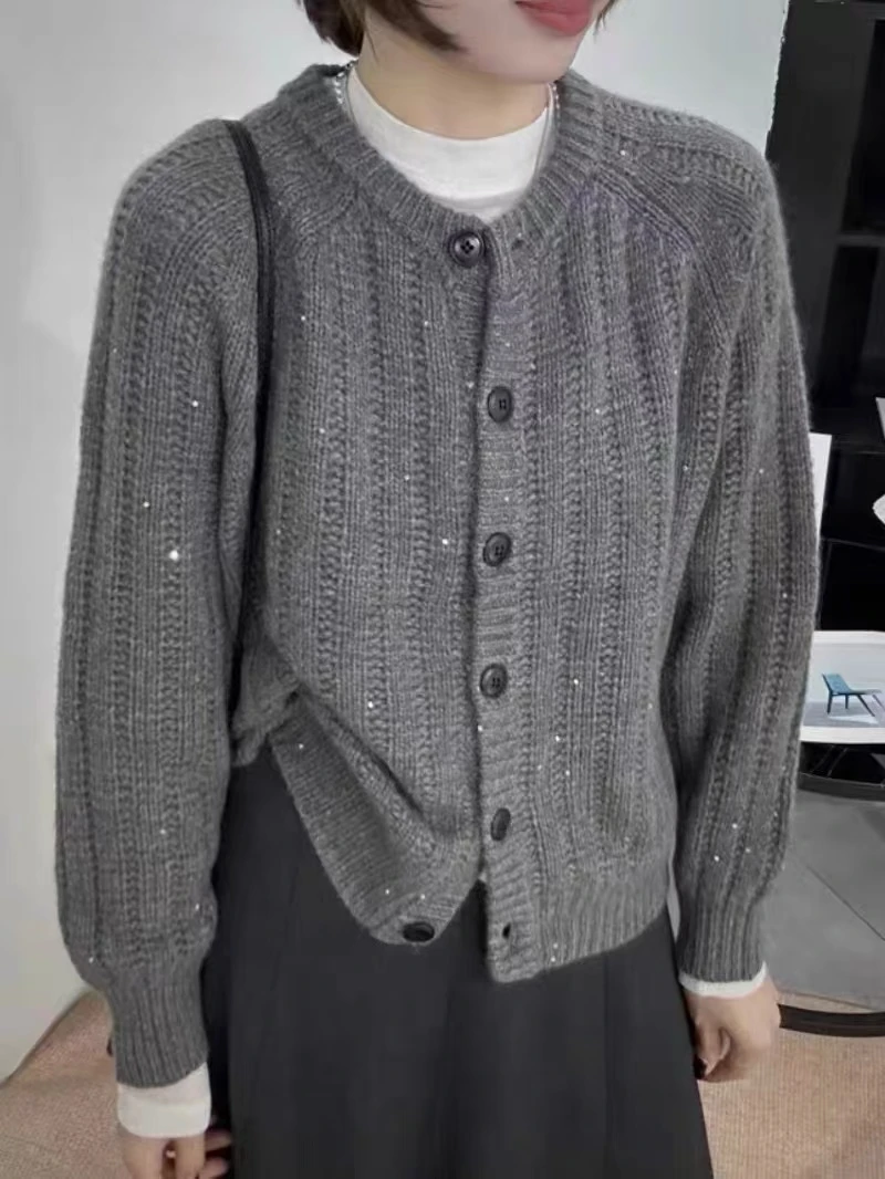 /星空冰川灰/细闪亮片软糯圆领单排扣保暖毛衣外套19058