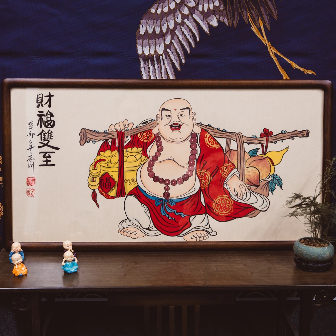弥勒佛财福双至手绘横版尺寸95x50新中式客厅茶室书房 办公室挂画