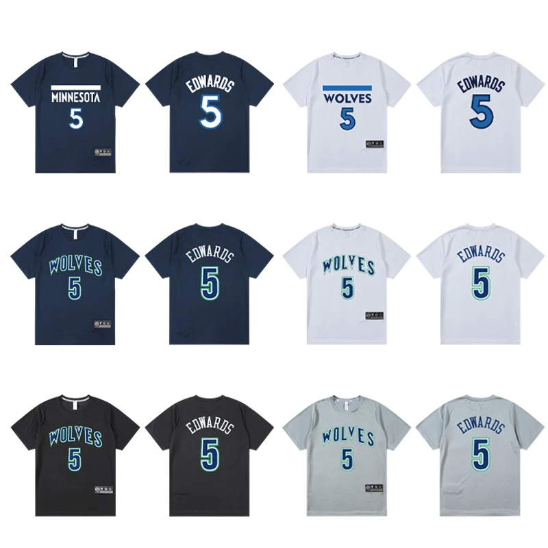 森林狼爱德华兹训练投篮服速干短袖美式篮球上衣健身休闲T恤夏季