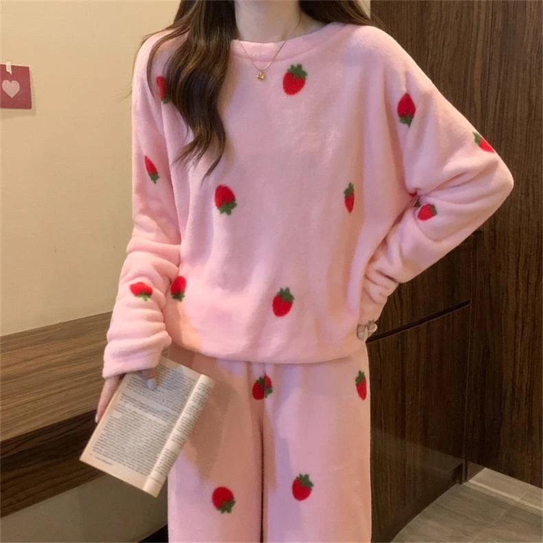 草莓珊瑚绒加厚睡衣秋款新款女款睡裤睡衣ins保暖甜美睡衣女秋冬