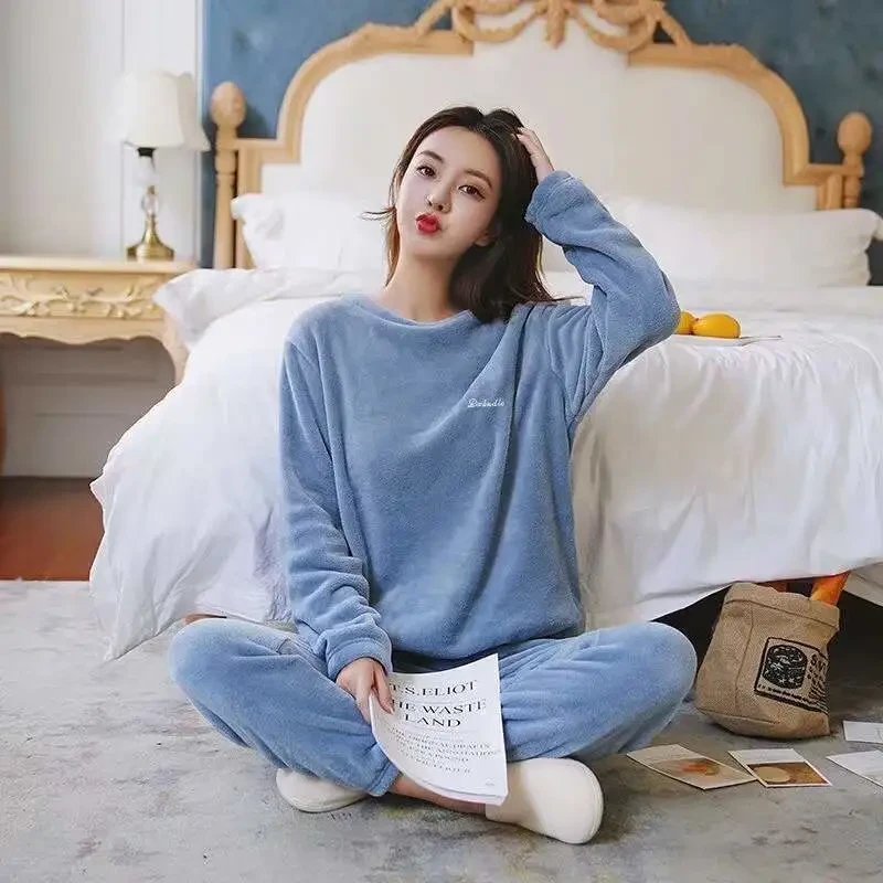 珊瑚绒睡衣女情侣加厚秋冬季睡裤女士套装加绒保暖家居服甜美学生