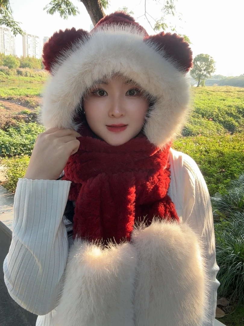 帽子围巾手套 一体三件套冬天保暖连帽围巾保暖网红绒帽百搭