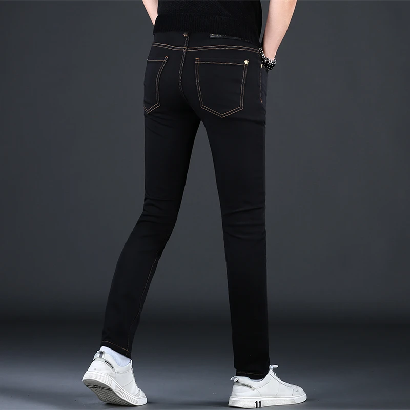 高端秋冬新款黑色牛仔裤男款修身小脚欧货潮牌弹力保暖百搭男裤子