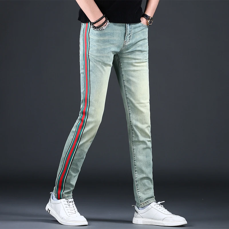 男士高端牛仔裤男款修身小脚爆款2025新款条纹秋季新款弹力休闲裤