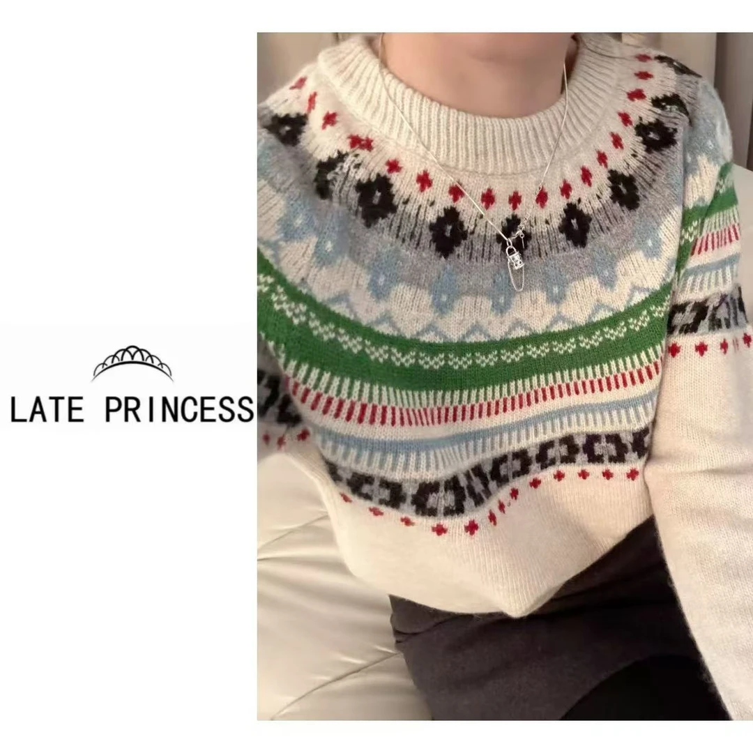 LATE PRINCESS 【冬天记事簿】冬装新款圆领撞色民族风宽松慵懒针织