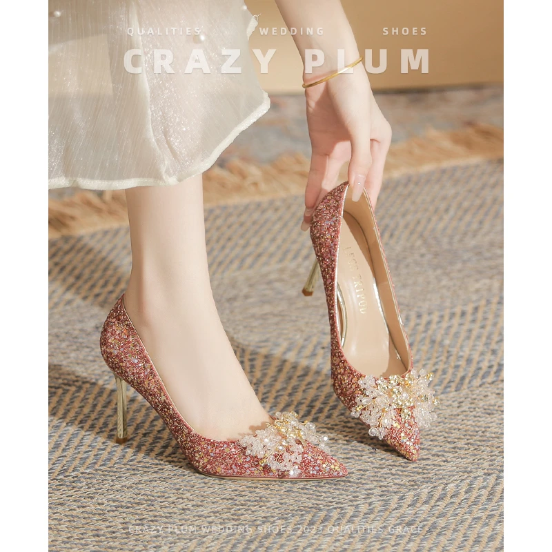 圣妍莎婚鞋新娘鞋女2024新款爆款红色水晶高跟鞋高级感单鞋女法式