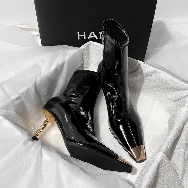 高跟靴子女短靴2025年秋冬新款欧美百搭铁头漆皮细跟韩国瘦瘦靴女