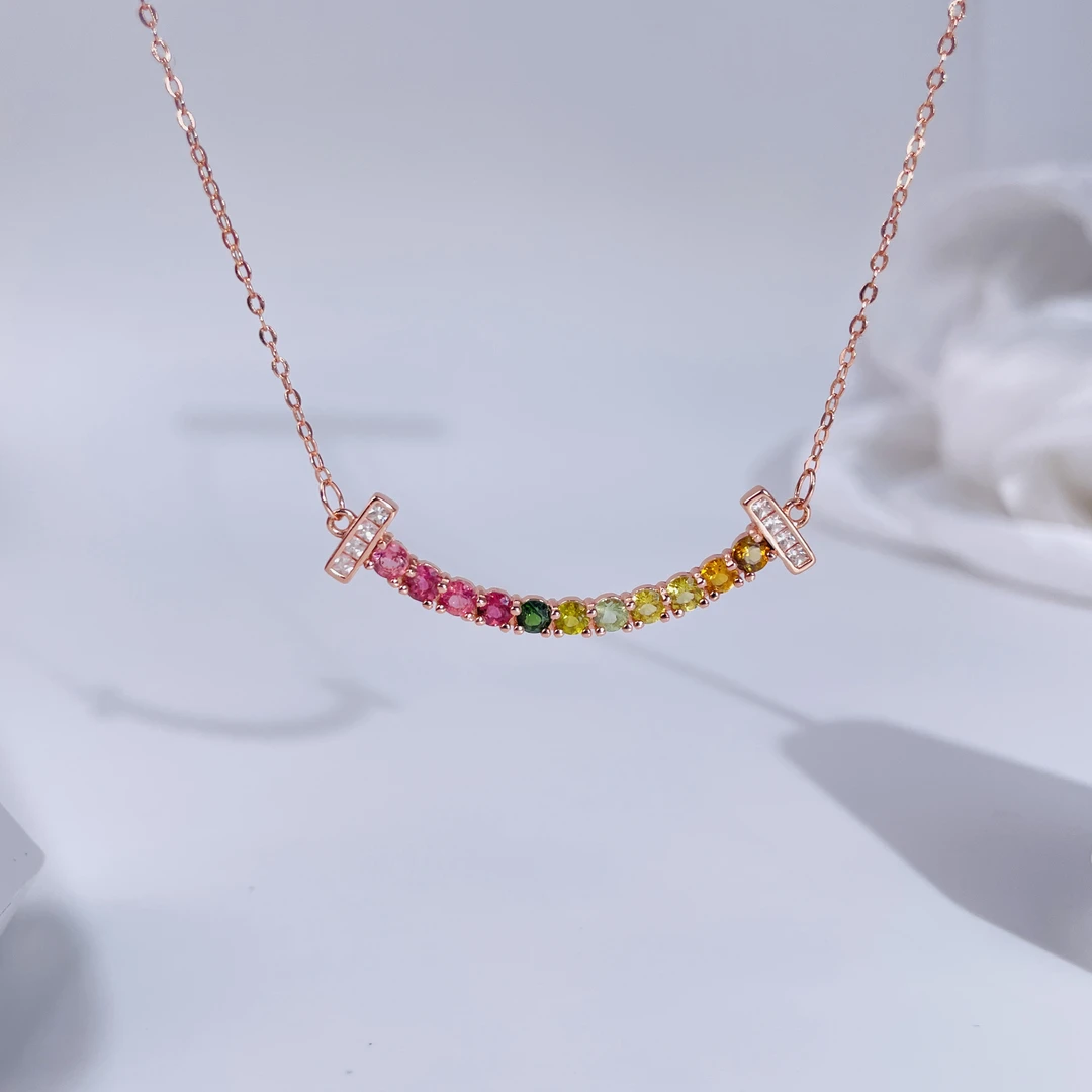S925银镶嵌彩虹碧玺微笑链彩色时尚简约