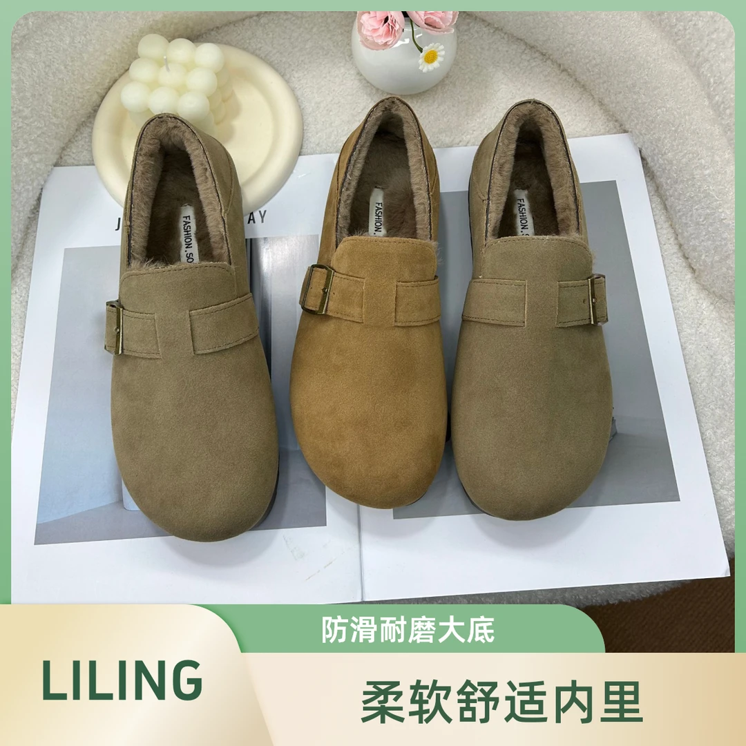 【LI LING】勃肯鞋女秋冬加绒保暖棉鞋复古日系丑萌单鞋平底乐福鞋