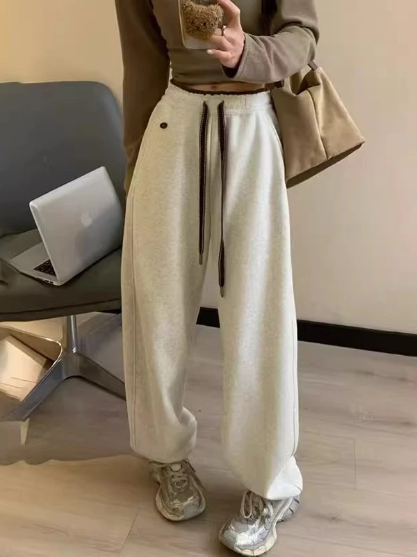 撞色腰雪地束脚裤女冬季高腰宽松显瘦阔腿保暖休闲卫裤SY