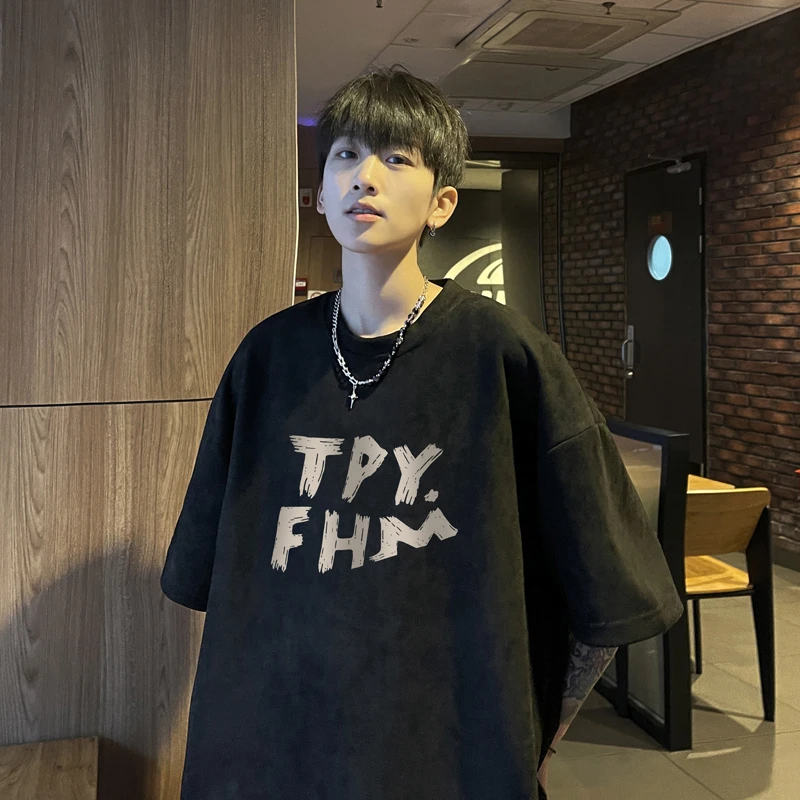 短袖t恤男夏季重磅字母印花百搭青少年情侣潮牌宽松圆领半袖体恤